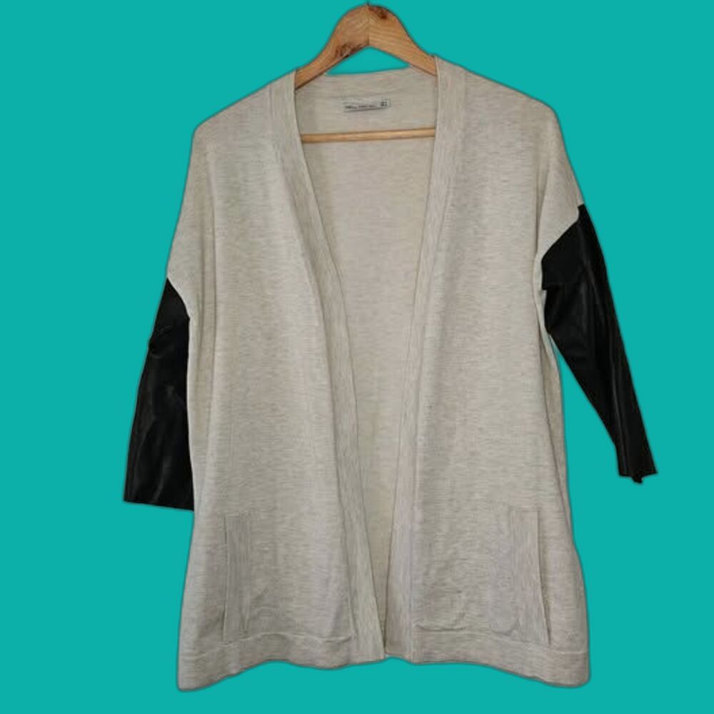 ZARA Open Front Cardigan with Faux Leather Sleeves Medium